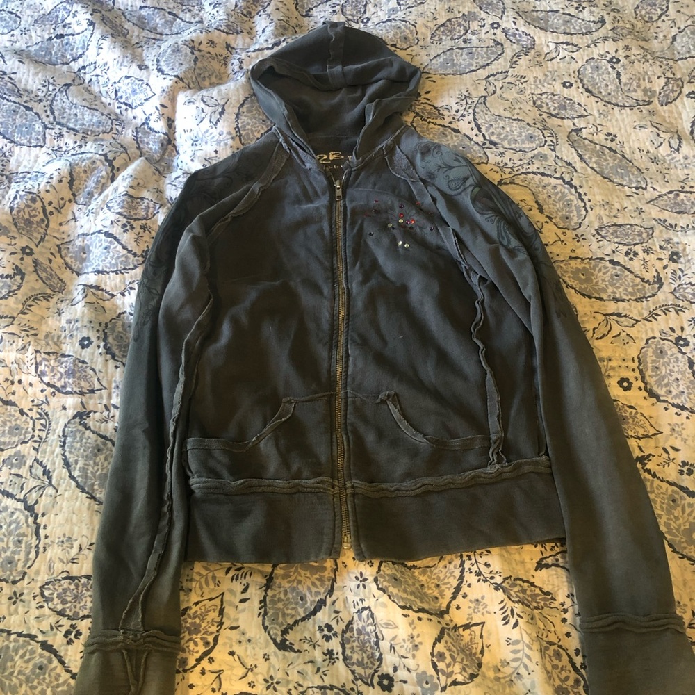 Womens distressed/bedazzled zip up hoodie